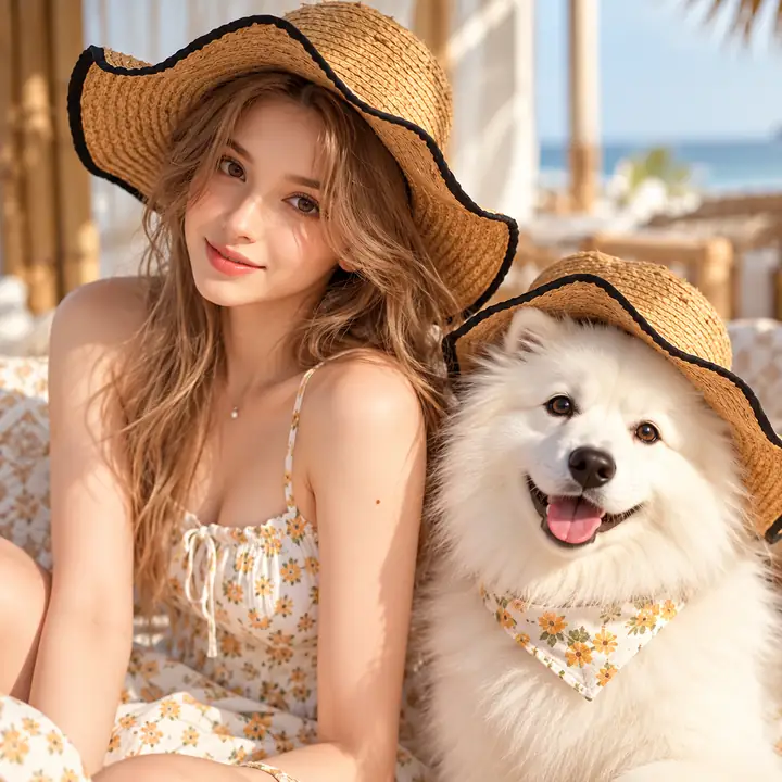 A person and a fluffy dog appear together in a playful portrait edit.