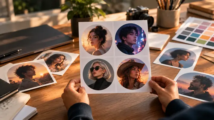 A person holds a sheet of varied portrait avatar concepts over a desk of photographs and color samples.