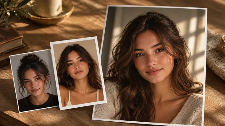 A portrait and reference images arranged for a photo face swap.