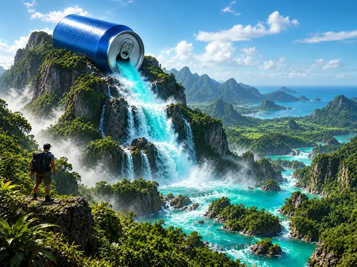 A turquoise waterfall pours from a giant cobalt can into a green mountain valley.
