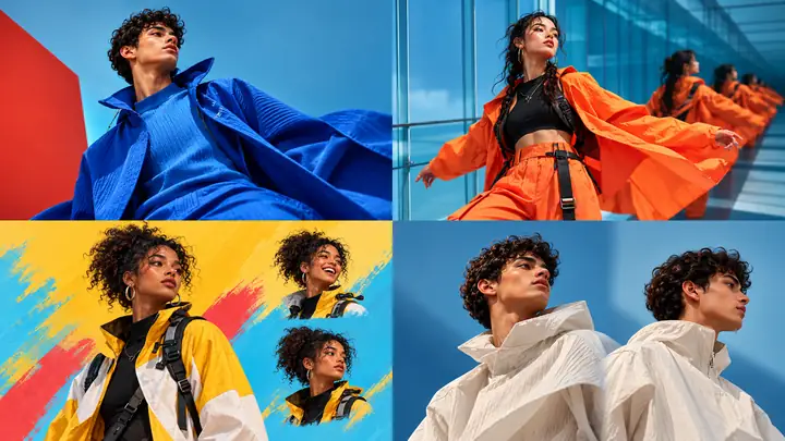 A vibrant collage of fashion portraits and character concepts arranged as a creative mood board.