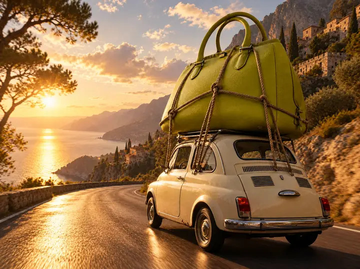A vintage car carries an oversized lime-green handbag along a sunlit mountain road.