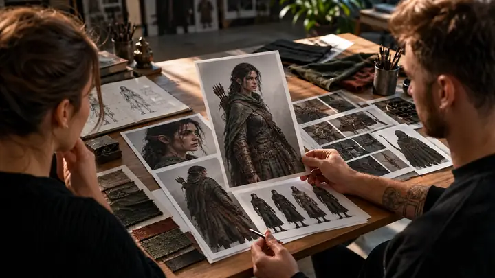 Artists study an original fantasy character concept and costume references around a studio table.