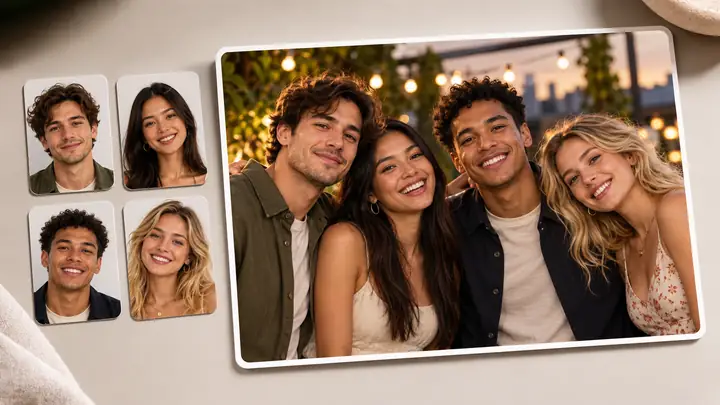 Friends in a group photograph shown beside portrait references.