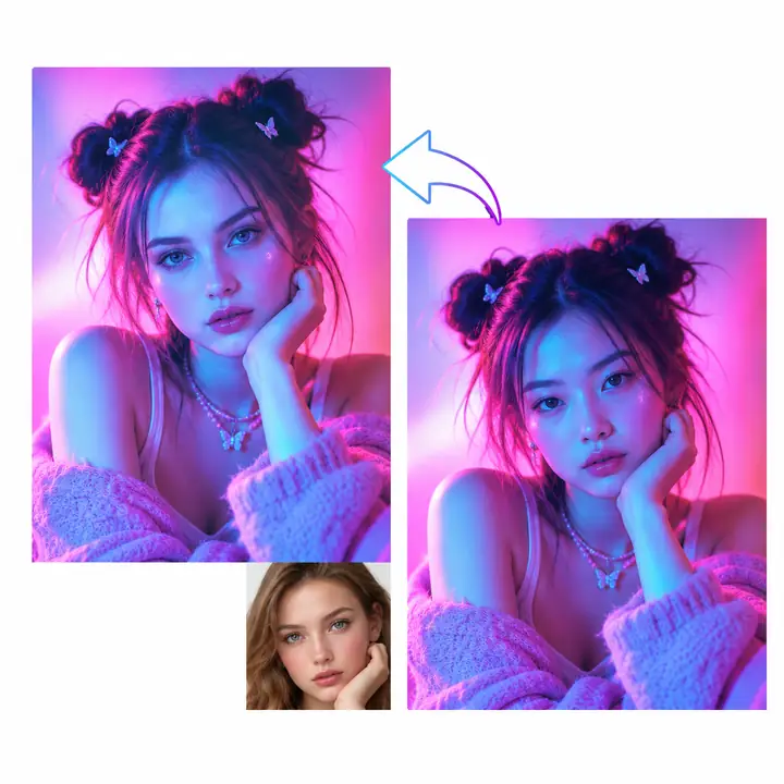 Neon-lit video portrait frames show a before-and-after face-swap idea.