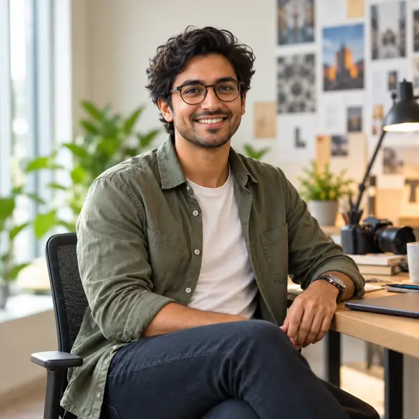 Portrait of a creative professional in a bright workspace.