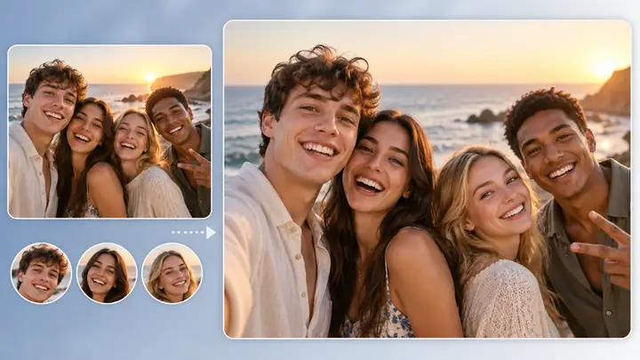 Several friends pose together in frames from a short video.