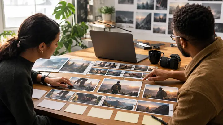 Two creators arrange visual storyboards and video frames across a sunlit production desk.