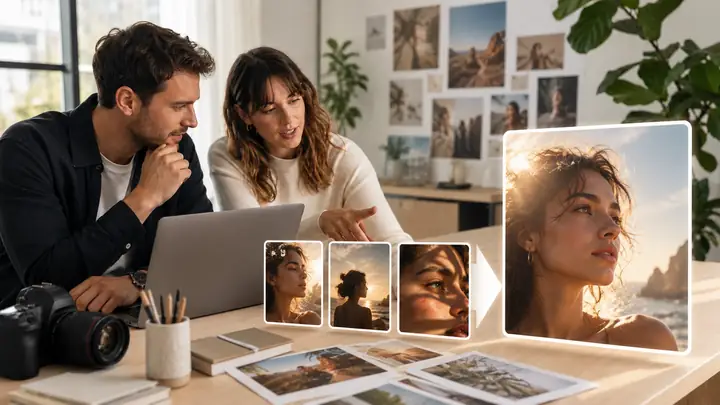 Two creators review product photography ideas together at a bright studio desk.