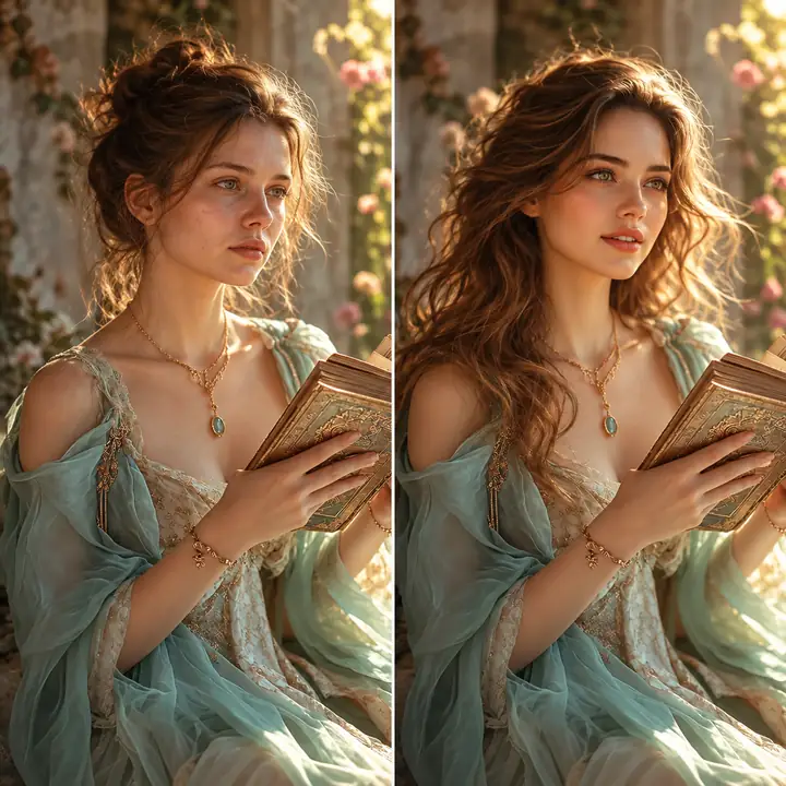 Two editorial portraits side by side show a full-head transformation concept.
